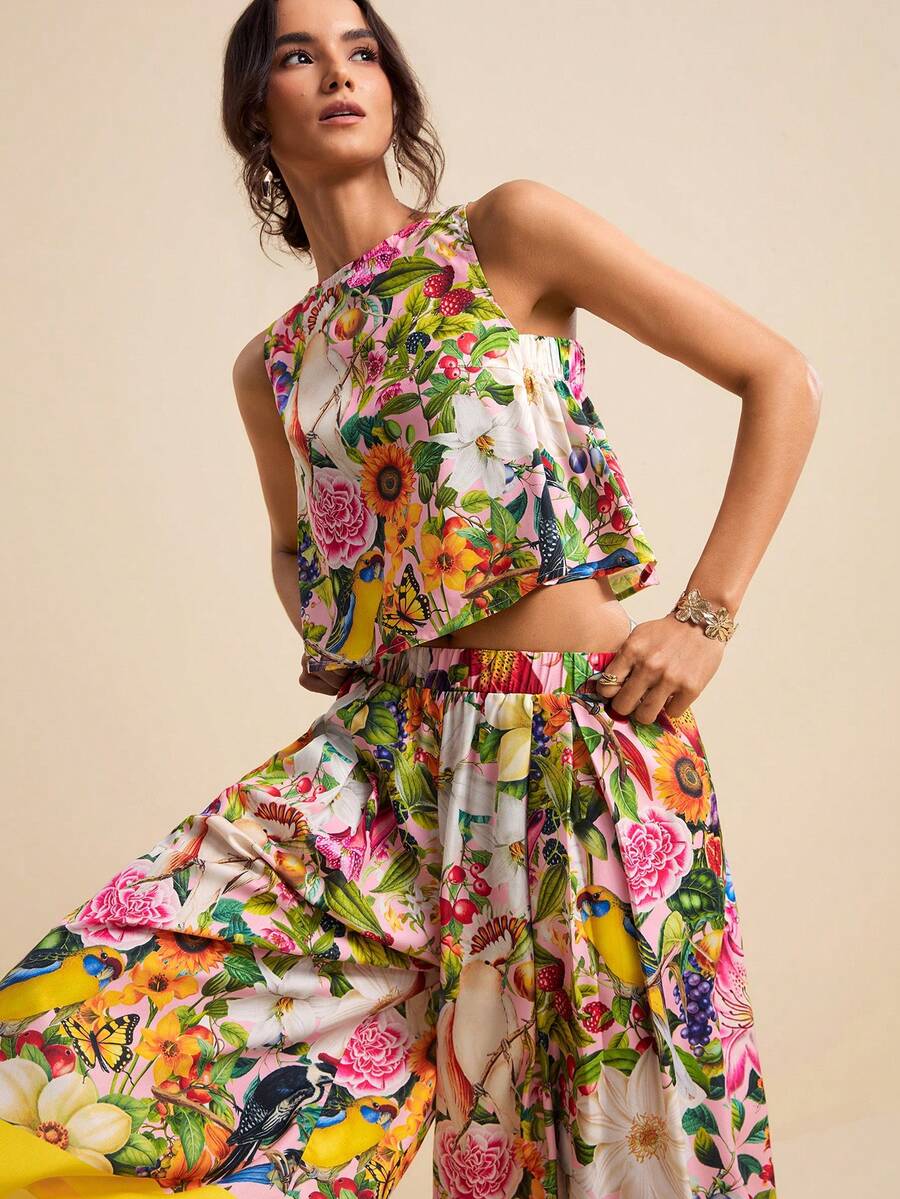 LOTSLUV Bộ đồ nữ mùa xuân/hè kiểu dáng nghỉ mát, họa tiết hoa và chim nhiệt đới màu hồng, cổ tròn, viền vàng tương phản, gồm áo không tay và quần. - Màu vàng - Xem 1