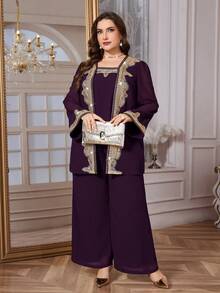 Reflora Plus Size Women's 2 Pieces Set, Elegant Purple Rhinestone Decorated 2 Pieces Outfit For Gatherings, Autumn/Winter - Purple - View 3