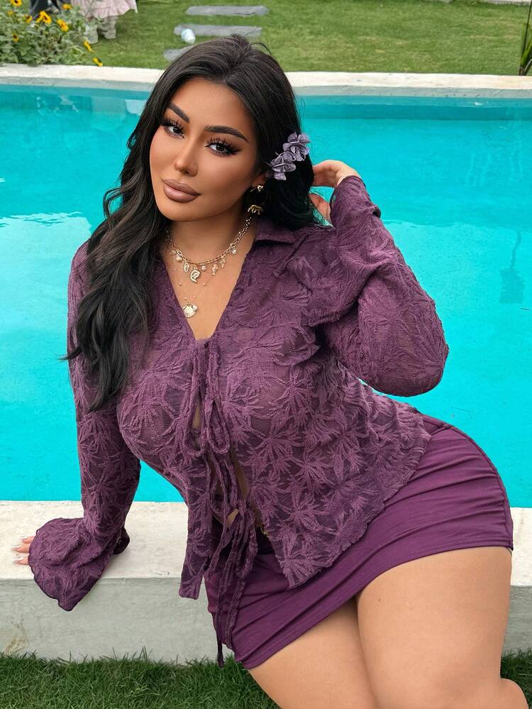 Dazy Plus Plus Size Women's Elegant Lace Hollow Out Blouse With Tie, Flare Sleeve, Commuting Style, Purple, Spring/Summer