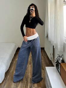 SHEIN Tall 女士撞色腰部翻折口袋阔腿休闲牛仔裤 - 藍色 - 查看 5