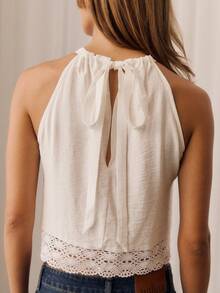 Aralina CROPPED HIGH NECK HALTER WITH LACE HEM - White - View 2