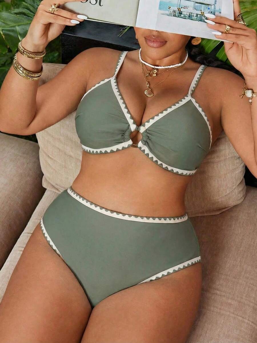 Swim Vcay 2026 New Plus Size Women 2-Piece Contrast Color Floral Elegant Fashion Swimwear Set - Olive Green - View 1