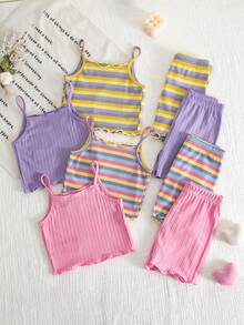 SHEIN 8pcs Young Girl Knitted Solid Striped Casual Camisole And Shorts Set - Multicolor - View 2