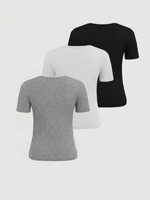 SHEIN Women's Solid Color Round Neck Casual Versatile Daily Wear Short Sleeve T-Shirt - Multicolor - View 2