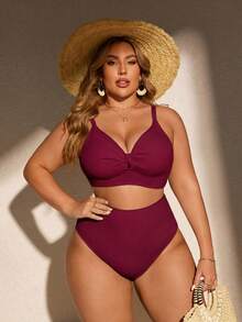 SHEIN Swim Curve 大码女式夏季沙滩纯色扭结设计时尚比基尼泳装套装 - 酒紅色 - 查看 3