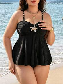 Swim Lushoire Plus Size Women's Solid Color Metal Decor Ruched Tankini Top And Triangle Tankini Bottom Swimwear Set, Suitable For Summer Vacation - Black - View 4