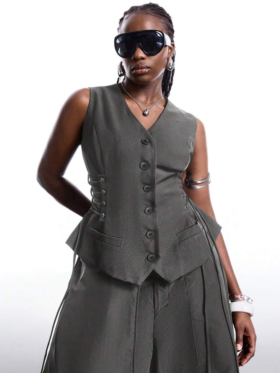 SHEIN EZwear Plus Size Summer Side Tie Strap Single-Breasted Vest - Grey - View 1