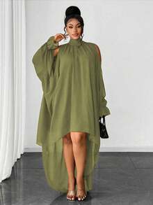 Maweii Plus Size Women Asymmetrical Hem Off Shoulder Ruffle Sleeve Dress Fall - Green - View 4
