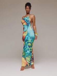 MUSERA Đầm maxi ôm sát in họa tiết, dáng suông, cổ đổ, thích hợp cho mùa xuân hè, lễ hội Ibiza, kỳ nghỉ, dễ thương, gợi cảm, phong cách Y2K, đi chơi đêm, câu lạc bộ, nhiệt đới, quyến rũ. - Nhiều màu - Xem 5