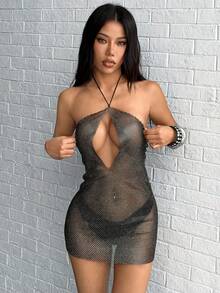 Jeanoix 女士音乐节派对连衣裙，性感透视水钻镶嵌渔网面料，适合音乐节、狂欢节派对等场合。 - 黑色 - 查看 6