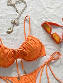 Swim Mod 2pcs/Set Spring Break Solid Color Spaghetti Strap Underwire Top And Side Knot Swim Shorts, Cute Women Summer Beach Bikini Set - Orange - View 5