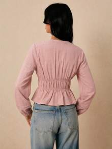 Poéselle Women's Solid Color Long Sleeve Ruched Waist Tie Shirt - Dusty Pink - View 2