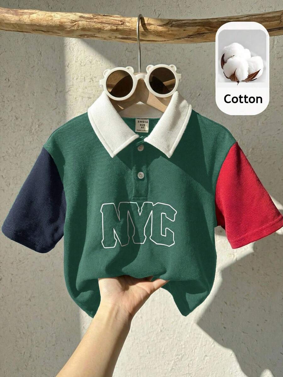 SHEIN Camisa polo con cuello y parches de colores contrastantes para niño - Multicolor - Ver 1
