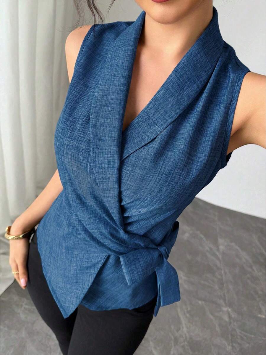 Elenzga Áo kiểu nữ không tay cổ bẻ buộc dây phía trước, thích hợp mặc hàng ngày và đi làm, mùa hè. - Màu xanh hải quân - Xem 1