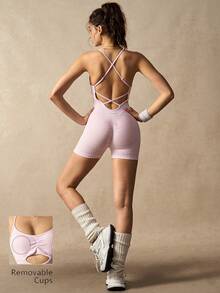 VARSIVA Women's Light Pink Seamless Jumpsuit,Backless Summer Athleisure,Elegant Sporty Gym Romper For Yoga,Pilates,Running&Fitness,Casual Bodysuit - Baby Pink - View 2
