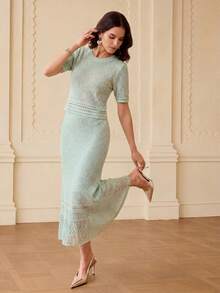 ZEYLAH 镂空针织短袖上衣和修身半裙套装 - 薄荷綠 - 查看 4