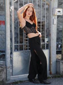 SILVIA DI SANTO Quần Jogger xẻ tà tiện ích màu đen có dây rút có thể điều chỉnh, quần mùa hè thông thường và đa năng cho phụ nữ mặc hàng ngày và đi chơi - màu đen - Xem 1