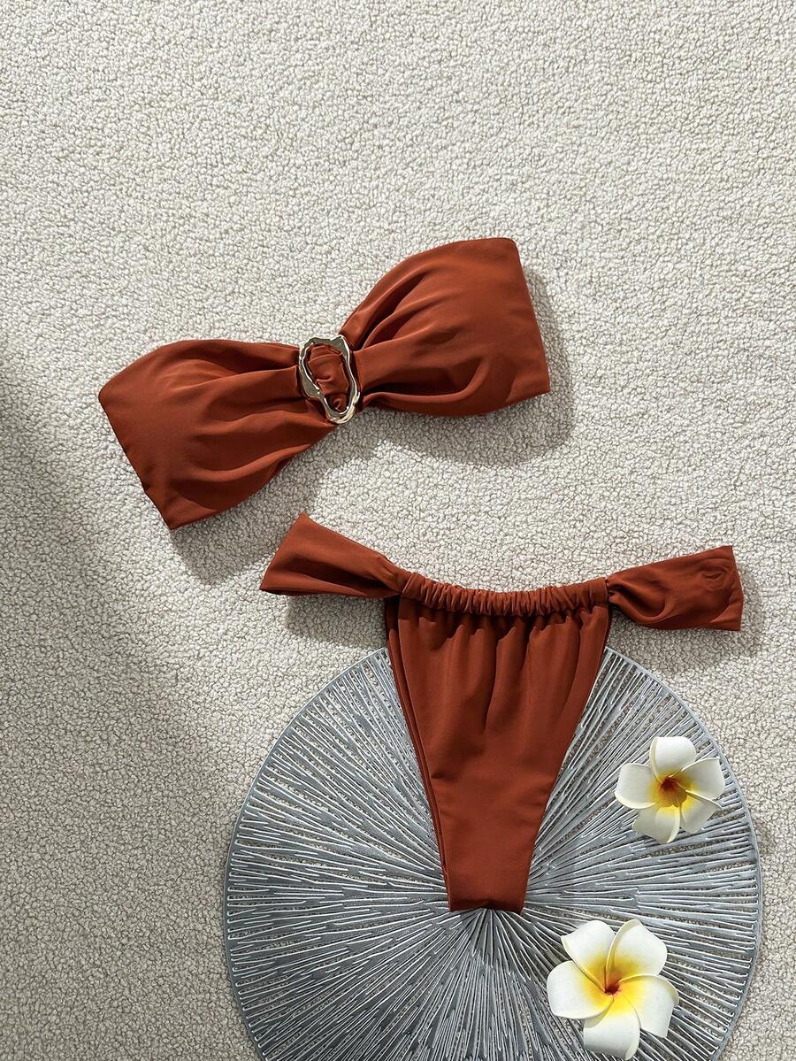 Swim Chiccia 女士夏季沙滩套装 - 纯色抹胸上衣配金属装饰和丁字裤比基尼泳裤性感泳装套装棕色比基尼两件套泳衣棕色泳装女士泳衣棕色抹胸比基尼无肩带比基尼套装女士两件套泳衣棕色泳装沙滩套装女士夏季泳装度假套装女士比基尼套装女士泳装套装 - 棕色 - 查看 1