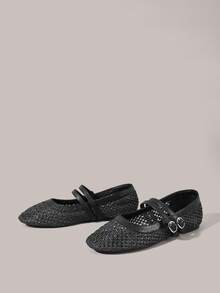 Styleloop Giày nữ đế bằng ngoài trời, mũi tròn, kiểu dáng nghỉ dưỡng, chất liệu rơm, khóa đôi, giày đế bằng nữ, phong cách nghỉ mát, phong cách BOHO, phong cách retro Mỹ, phong cách Bohemian, phong cách miền Tây, phong cách lễ hội âm nhạc, phong cách dự tiệc. - màu đen - Xem 2