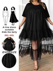 SHEIN CURVE+ Plus Size Women's Solid Color Chiffon Layered T-Shirt Maxi Dress, Holiday, Bohemian, Hippie, Summer - Black - View 11