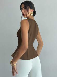 Firerie Blusa blanca elegante, refinada y romántica con botones metálicos en la cintura, corte evasé y sin mangas para uso diario y de oficina - Café integral - Ver 3