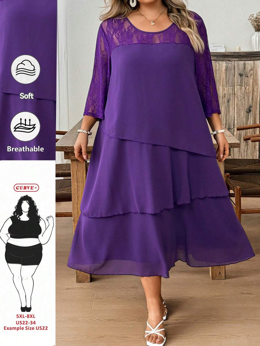 SHEIN CURVE+ 大码女式商务职业蓝色镂空袖蕾丝拼接荷叶边层叠中长连衣裙教师服教师裙秋季连衣裙蕾丝连衣裙四季皆宜 - 紫色 - 查看 1