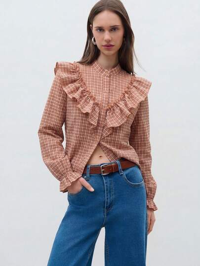 Nöista Plaid Long-Sleeve Blouse With Ruffle Trim And Button-Front Design, Featuring A Relaxed Yet Feminine Silhouette. A Versatile Casual Blouse For That Works Perfectly As A Spring Top, Summer Shirt, Or Vacation Outfit. Easy To Style With Denim Or Skirts For Everyday Wear, Going-Out Looks, Or Valentine's Day Outfits, Blending Casual Elegance With A Subtle Y2k-Inspired Touch.