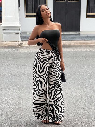 Slaydiva Summer Elegant Vacation Tube Top And Loose Wavy Pattern Pants Set - A