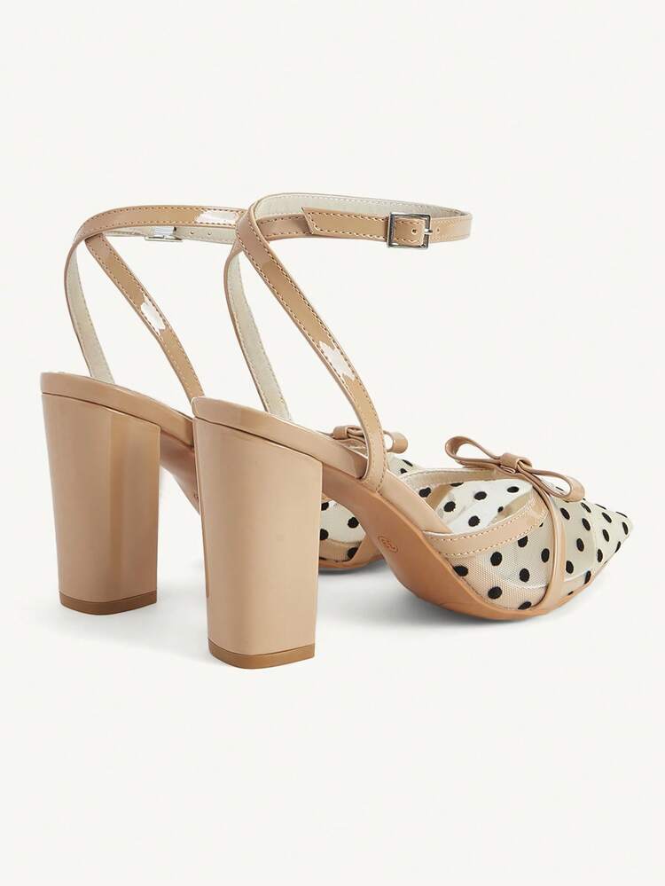 CUCCOO CHICEST Women Shoes Women's French Polka Dot Bow High Heels Nude Pointed Thick Heel Slingback Shoes