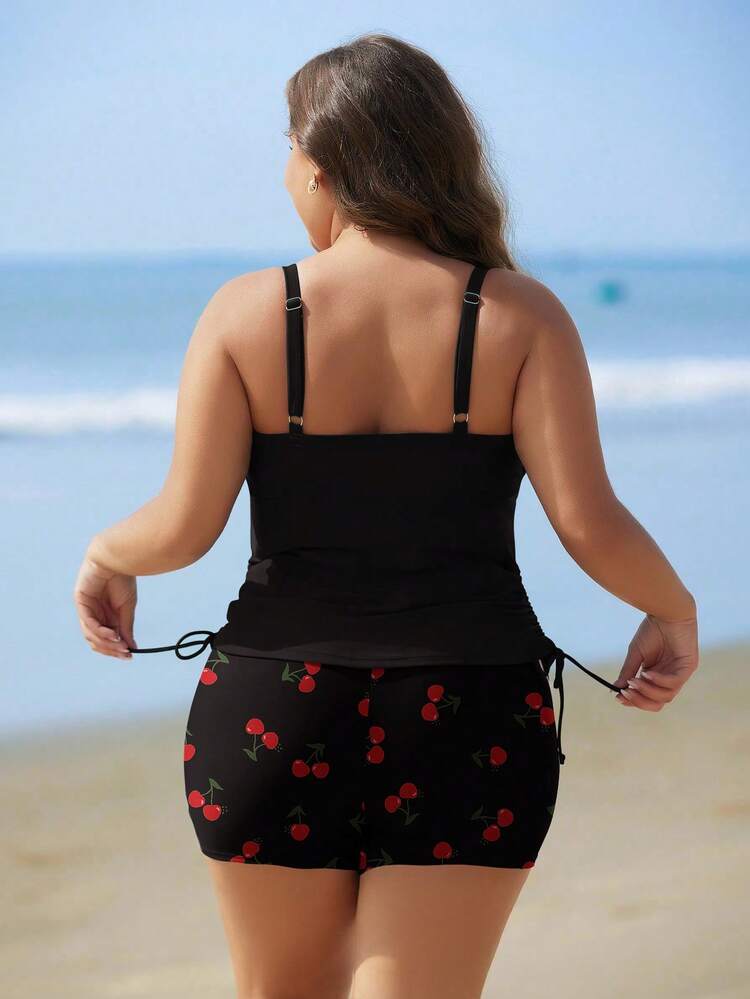 Swim Lushoire Plus Size Floral Print Tankini Swimsuit - Black - View 2