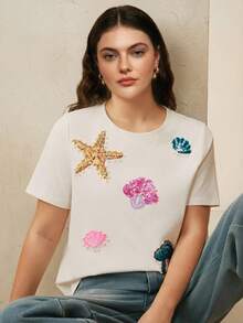 Anewsta Plus Size Women Summer Vacation White Ocean Sequin Embroidery T-Shirt - White - View 7