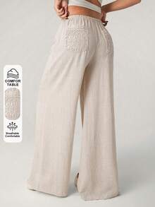 SHEIN ICON Women's Casual Solid Color Drawstring Waist Straight Leg Pants - Apricot - View 7
