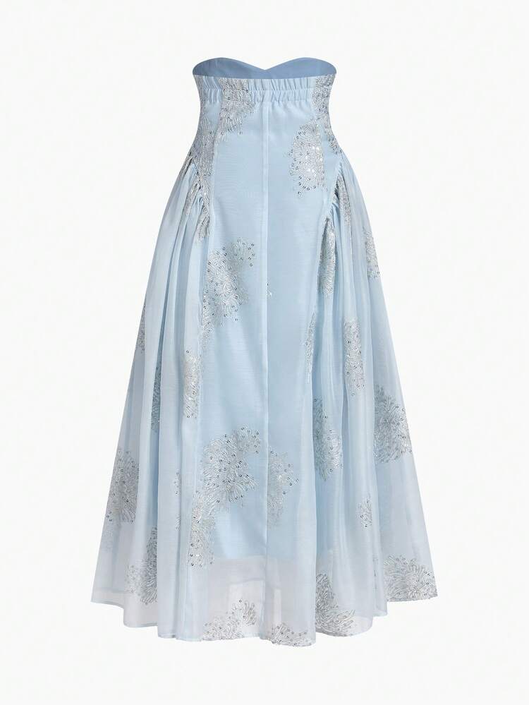 HIGH-WAISTED EMBROIDERED FLOWY RUFFLE A-LINE BLUE SKIRT