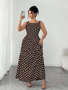 SHEIN Elenzya Elegantes Polka Dot Kleid ohne Ärmel in Große Größen, Sommer - Kaffeebraun - Übersicht 3