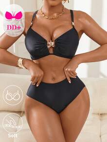 Swim DD+ Women's Solid Color Metal Decor Spaghetti Strap Bikini Set Holiday Beach Swimming Vacation White Summer Tropical Elegant Sexy - Black - View 5