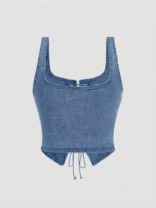 SHEIN MOD 大码女式无袖牛仔上衣，带镂空系带设计 - 淺色水洗藍 - 查看 2