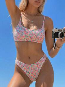 SHEIN Swim Mod 夏季海灘女士假期花卉印花簡約時尚比基尼套裝，配有分離式泳裝 - 彩色 - 查看 3