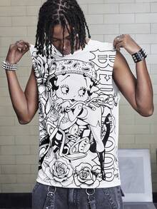 ROMWE MEN Betty Boop | ROMWE Camiseta de tirantes de corte holgado con estampado de figura, cuello redondo, para hombre, de verano - Blanco - Ver 1