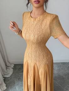 Modelyn Women's Elegant Romantic Rhinestone Shiny Fabric Long Dress, Suitable For Spring/Summer, Parties And Events - Khaki - View 3