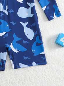 SHEIN Infant/Baby BoyWhale Print Long Sleeve Rash Guard Swimsuit With Sun Protection Wide Brim Hat - Blue - View 5