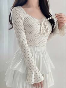 FRIFUL 女款優雅波點印花對比蕾絲喇叭袖T恤，春秋款 - 白色 - 查看 2