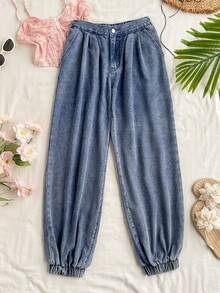 SHEIN Holidaya Women's Casual Daily Washed Slant Pocket Tapered Leg Jeans - Blue - View 6