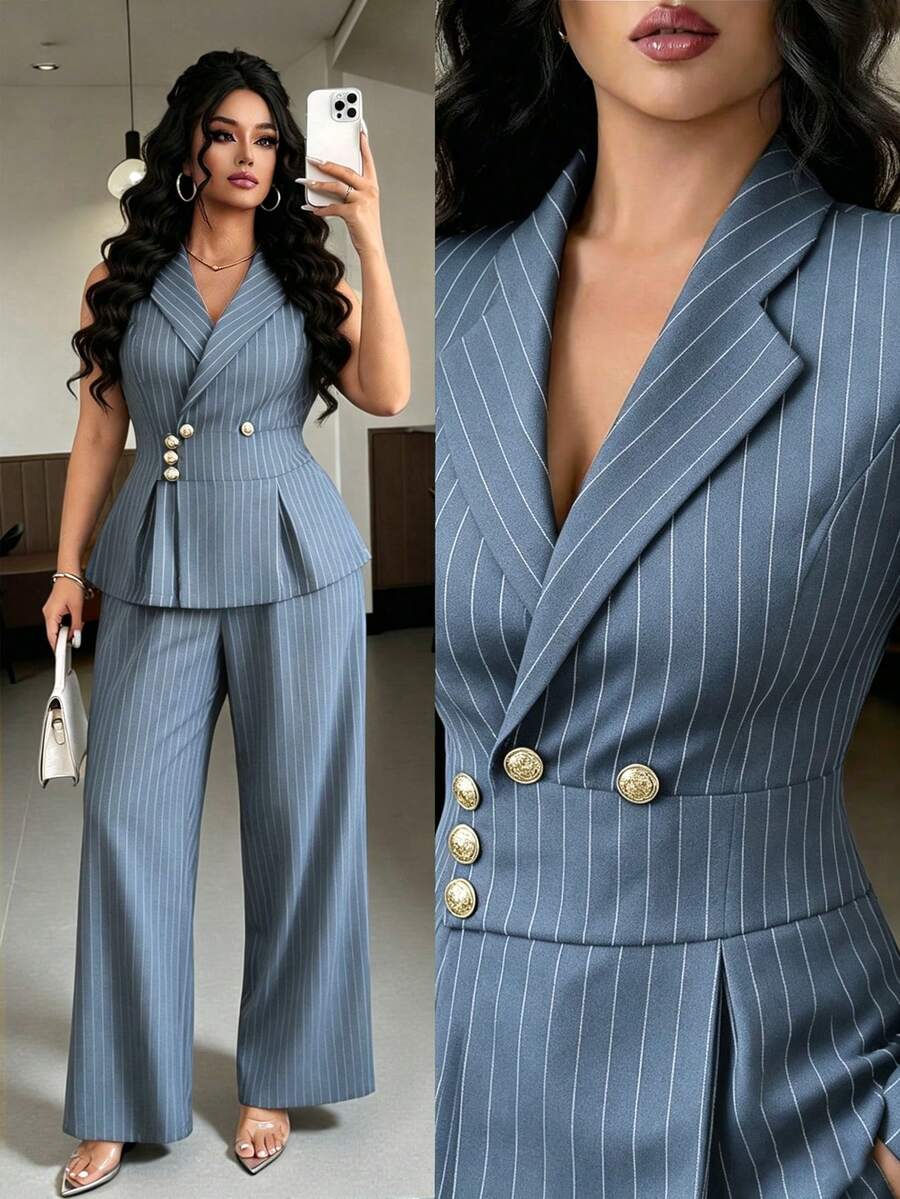 Elenzga Plus Size Women Commuting Minimalist Striped Vest And Pants 2 Pieces Set - Dusty Blue - View 1