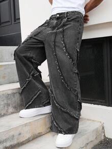 GALLERY FADE Calça Pantalona Larga Remendada e Desgastada, Cinza Terra Lavada, Moda de Rua Masculina - Chumbo - Visão 3