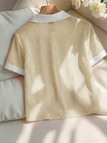 SHEIN Franclia Women's Elegant Pink Chiffon Crinkle White Collar Loose Short Sleeve Blouse - Apricot - View 2