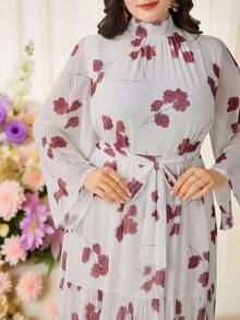 Modelyn Plus Size Women Floral Print Stand Collar Waist Tie Design Elegant Waist Cinched Party Dress - Multicolor - View 7