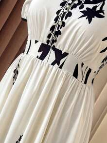 Plus Size Women Long Floral Print Mandarin Collar Petal Sleeve Vacation Dress - Apricot - View 3