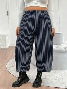 Elenzga Plus Size Vintage Loose Striped Elastic Waist Lantern Pants With Side Pockets - Navy Blue - View 3