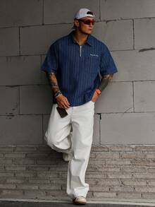 Áo sơ mi nam tay ngắn cổ kéo khóa nửa thân, thêu chữ, họa tiết sọc, màu xanh denim bạc. - Nhiều màu - Xem 5