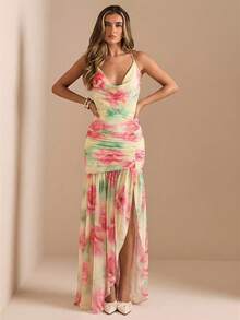 SHEIN BAE 春夏纯色/印花深V领高开衩透视长裙，沙滩度假裙，性感优雅连衣裙，适合圣诞节、约会、鸡尾酒会、正式晚宴等场合。 - 紅色 - 查看 4